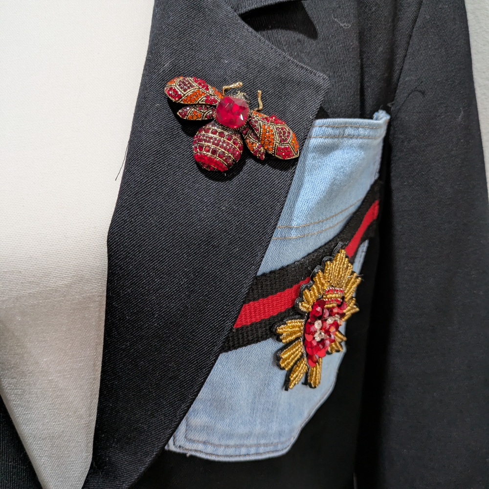 Black and Denim Blue Patchwork Women's Blazer With Heart Patch Design - Picture 4 of 6
